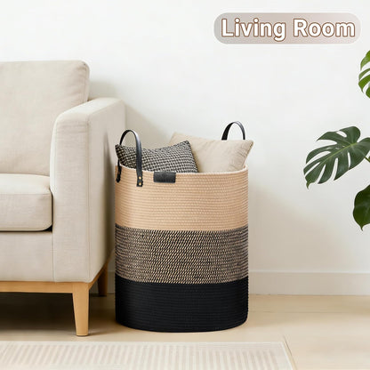 Tall Laundry Basket, Large Dirty Clothes Hamper with Leather Handle, Woven Rope Storage Basket for Blanket, Toy In Living Room, Bathroom, Bedroom - 58L White & Brown