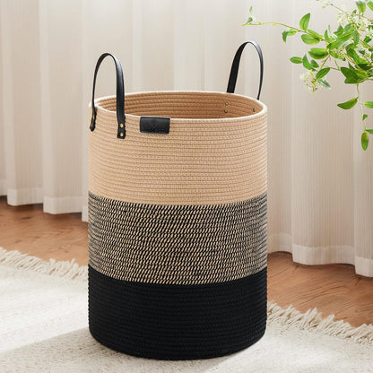 Tall Laundry Basket, Large Dirty Clothes Hamper with Leather Handle, Woven Rope Storage Basket for Blanket, Toy In Living Room, Bathroom, Bedroom - 58L White & Brown