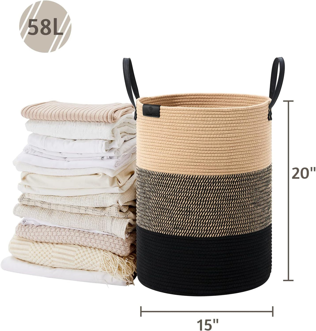 Tall Laundry Basket, Large Dirty Clothes Hamper with Leather Handle, Woven Rope Storage Basket for Blanket, Toy In Living Room, Bathroom, Bedroom - 58L White & Brown