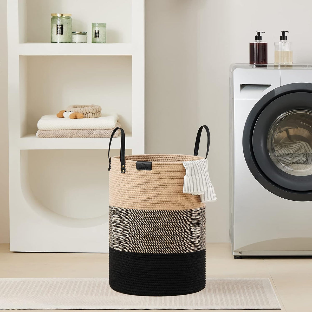 Tall Laundry Basket, Large Dirty Clothes Hamper with Leather Handle, Woven Rope Storage Basket for Blanket, Toy In Living Room, Bathroom, Bedroom - 58L White & Brown