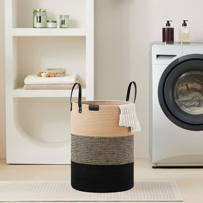 Tall Laundry Basket, Large Dirty Clothes Hamper with Leather Handle, Woven Rope Storage Basket for Blanket, Toy In Living Room, Bathroom, Bedroom - 58L White & Brown