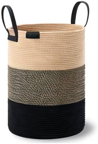 Tall Laundry Basket, Large Dirty Clothes Hamper with Leather Handle, Woven Rope Storage Basket for Blanket, Toy In Living Room, Bathroom, Bedroom - 58L White & Brown