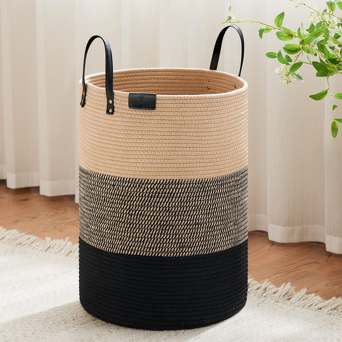 Tall Laundry Basket, Large Dirty Clothes Hamper with Leather Handle, Woven Rope Storage Basket for Blanket, Toy In Living Room, Bathroom, Bedroom - 58L White & Brown