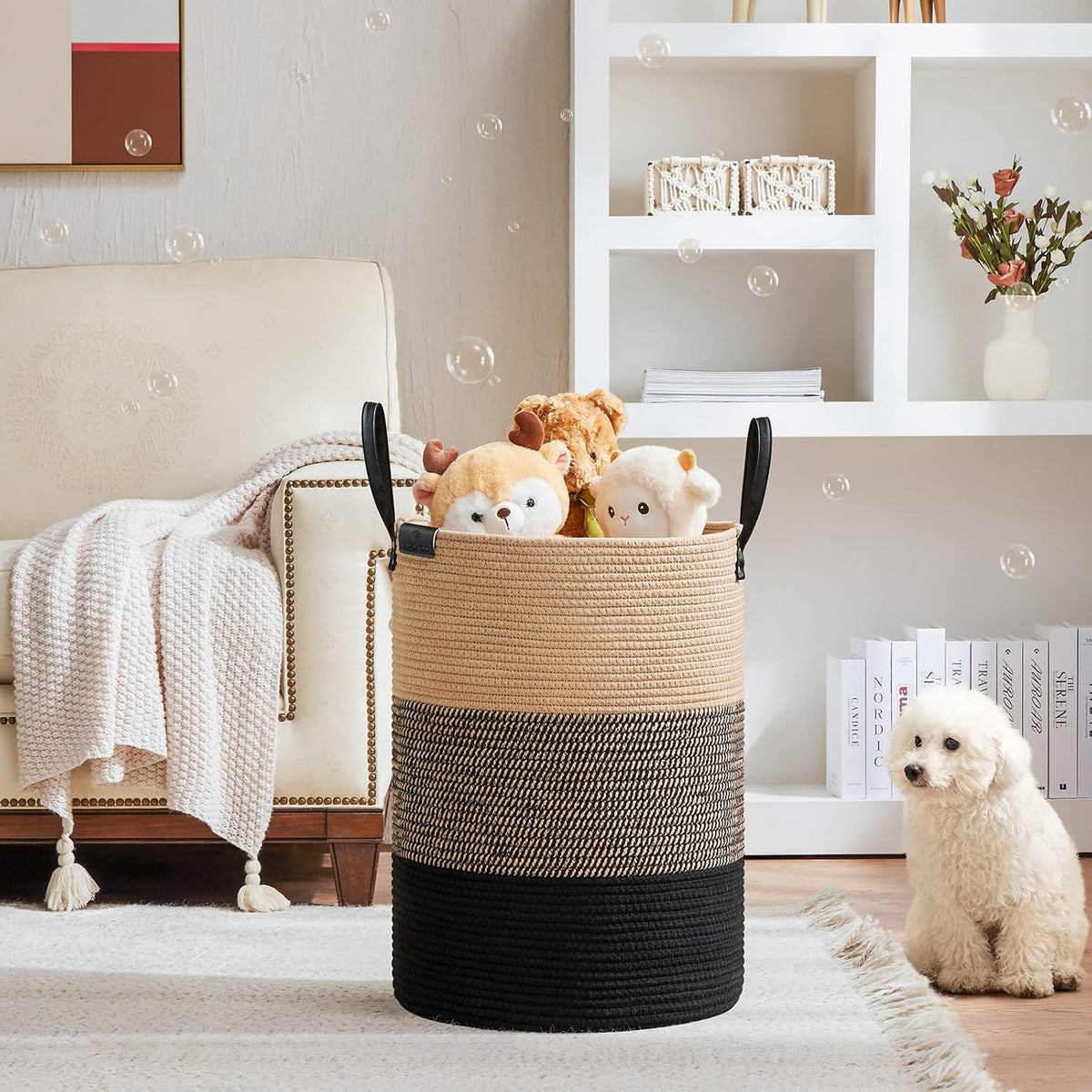 Tall Laundry Basket, Large Dirty Clothes Hamper with Leather Handle, Woven Rope Storage Basket for Blanket, Toy In Living Room, Bathroom, Bedroom - 58L White & Brown
