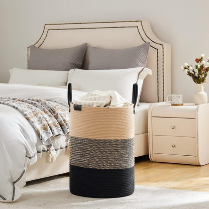 Tall Laundry Basket, Large Dirty Clothes Hamper with Leather Handle, Woven Rope Storage Basket for Blanket, Toy In Living Room, Bathroom, Bedroom - 58L White & Brown