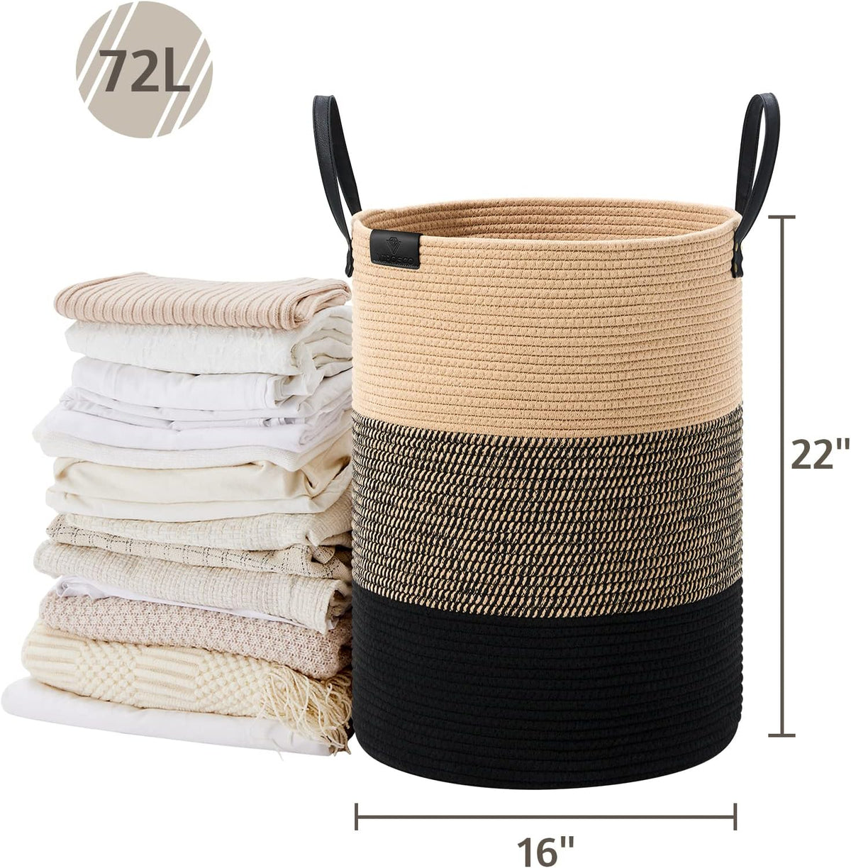 Tall Laundry Basket, Large Dirty Clothes Hamper with Leather Handle, Woven Rope Storage Basket for Blanket, Toy In Living Room, Bathroom, Bedroom - 58L White & Brown