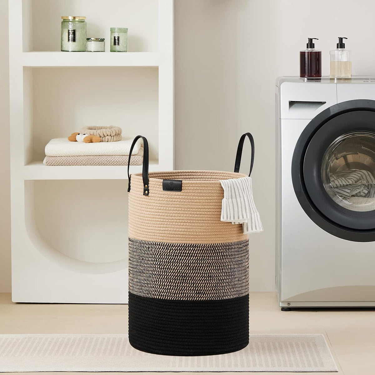 Tall Laundry Basket, Large Dirty Clothes Hamper with Leather Handle, Woven Rope Storage Basket for Blanket, Toy In Living Room, Bathroom, Bedroom - 58L White & Brown