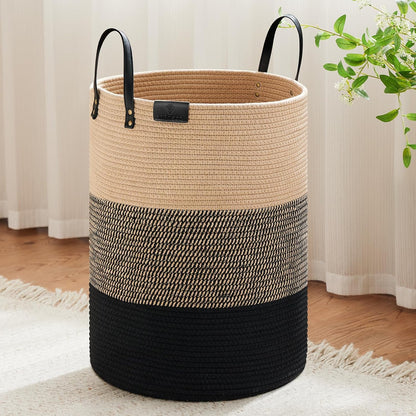 Tall Laundry Basket, Large Dirty Clothes Hamper with Leather Handle, Woven Rope Storage Basket for Blanket, Toy In Living Room, Bathroom, Bedroom - 58L White & Brown