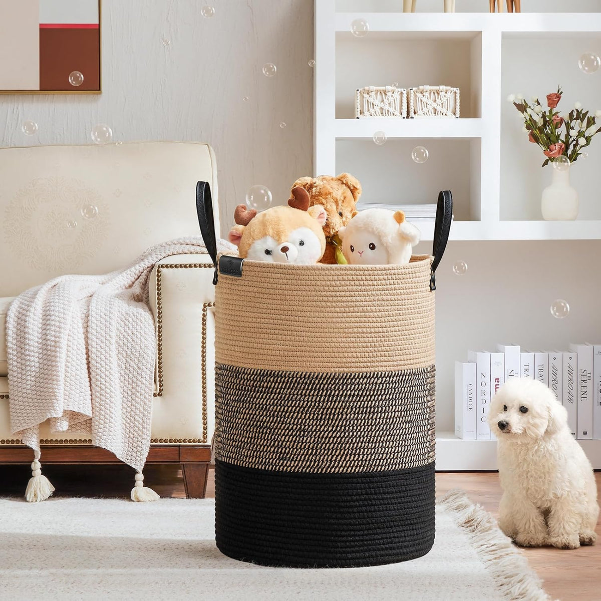 Tall Laundry Basket, Large Dirty Clothes Hamper with Leather Handle, Woven Rope Storage Basket for Blanket, Toy In Living Room, Bathroom, Bedroom - 58L White & Brown