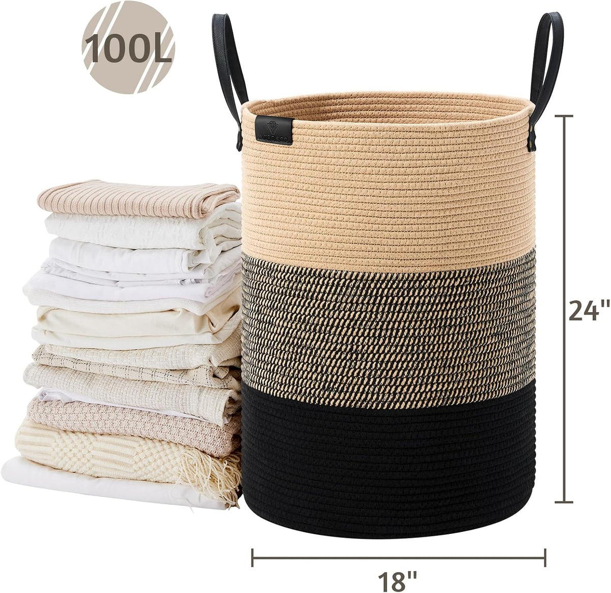 Tall Laundry Basket, Large Dirty Clothes Hamper with Leather Handle, Woven Rope Storage Basket for Blanket, Toy In Living Room, Bathroom, Bedroom - 58L White & Brown