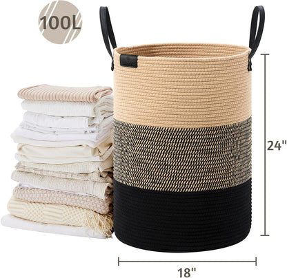 Tall Laundry Basket, Large Dirty Clothes Hamper with Leather Handle, Woven Rope Storage Basket for Blanket, Toy In Living Room, Bathroom, Bedroom - 58L White & Brown