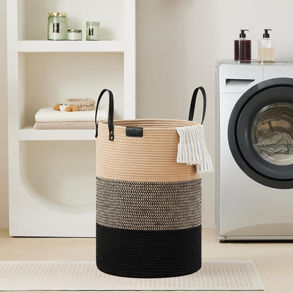 Tall Laundry Basket, Large Dirty Clothes Hamper with Leather Handle, Woven Rope Storage Basket for Blanket, Toy In Living Room, Bathroom, Bedroom - 58L White & Brown