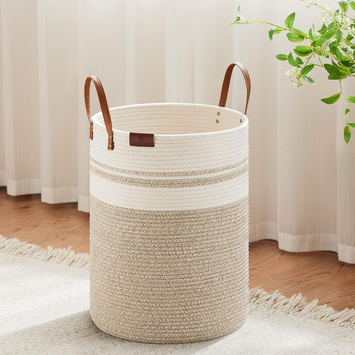 Tall Laundry Basket, Large Dirty Clothes Hamper with Leather Handle, Woven Rope Storage Basket for Blanket, Toy In Living Room, Bathroom, Bedroom - 58L White & Brown