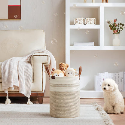 Tall Laundry Basket, Large Dirty Clothes Hamper with Leather Handle, Woven Rope Storage Basket for Blanket, Toy In Living Room, Bathroom, Bedroom - 58L White & Brown