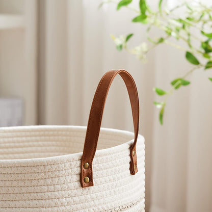 Tall Laundry Basket, Large Dirty Clothes Hamper with Leather Handle, Woven Rope Storage Basket for Blanket, Toy In Living Room, Bathroom, Bedroom - 58L White & Brown