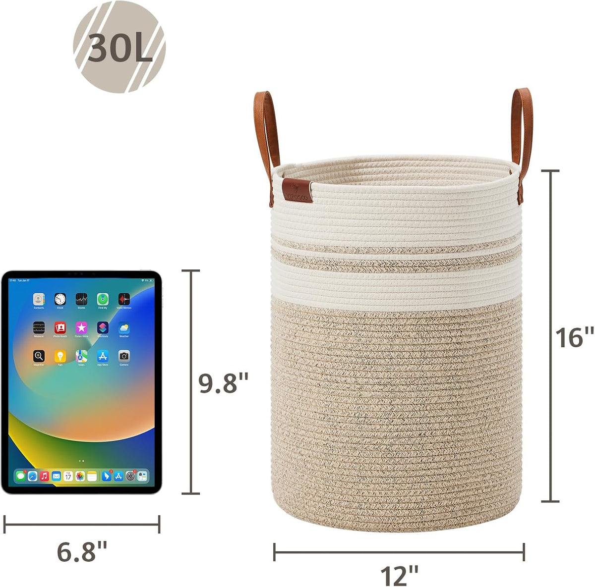 Tall Laundry Basket, Large Dirty Clothes Hamper with Leather Handle, Woven Rope Storage Basket for Blanket, Toy In Living Room, Bathroom, Bedroom - 58L White & Brown