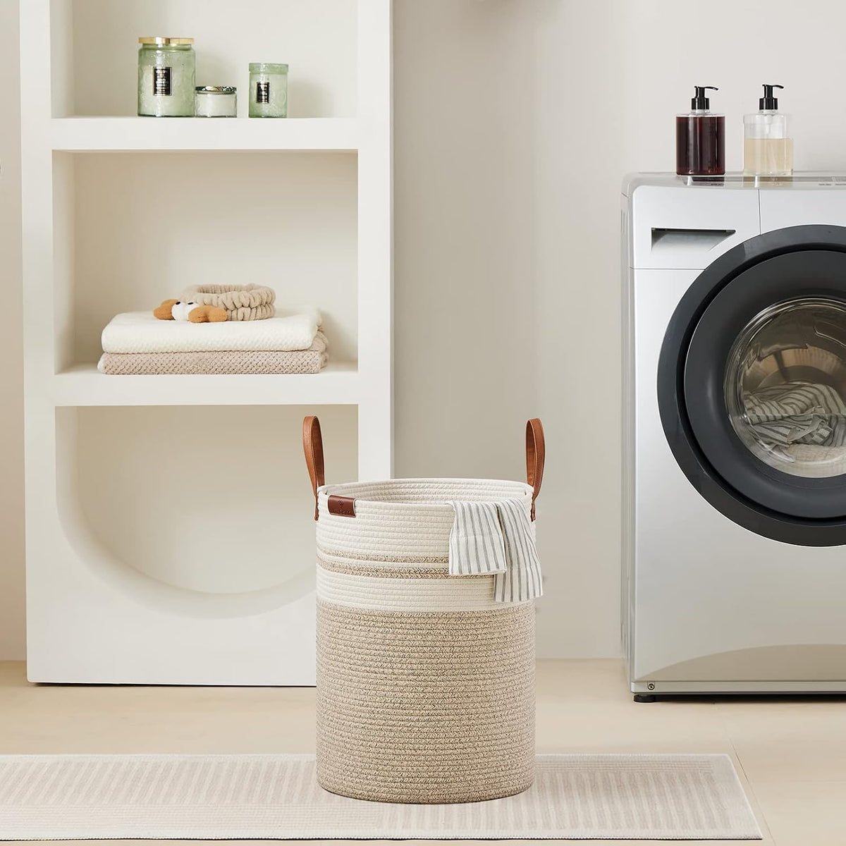 Tall Laundry Basket, Large Dirty Clothes Hamper with Leather Handle, Woven Rope Storage Basket for Blanket, Toy In Living Room, Bathroom, Bedroom - 58L White & Brown