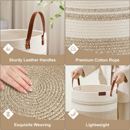 Tall Laundry Basket, Large Dirty Clothes Hamper with Leather Handle, Woven Rope Storage Basket for Blanket, Toy In Living Room, Bathroom, Bedroom - 58L White & Brown