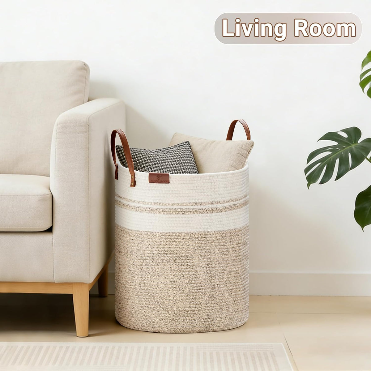 Tall Laundry Basket, Large Dirty Clothes Hamper with Leather Handle, Woven Rope Storage Basket for Blanket, Toy In Living Room, Bathroom, Bedroom - 58L White & Brown