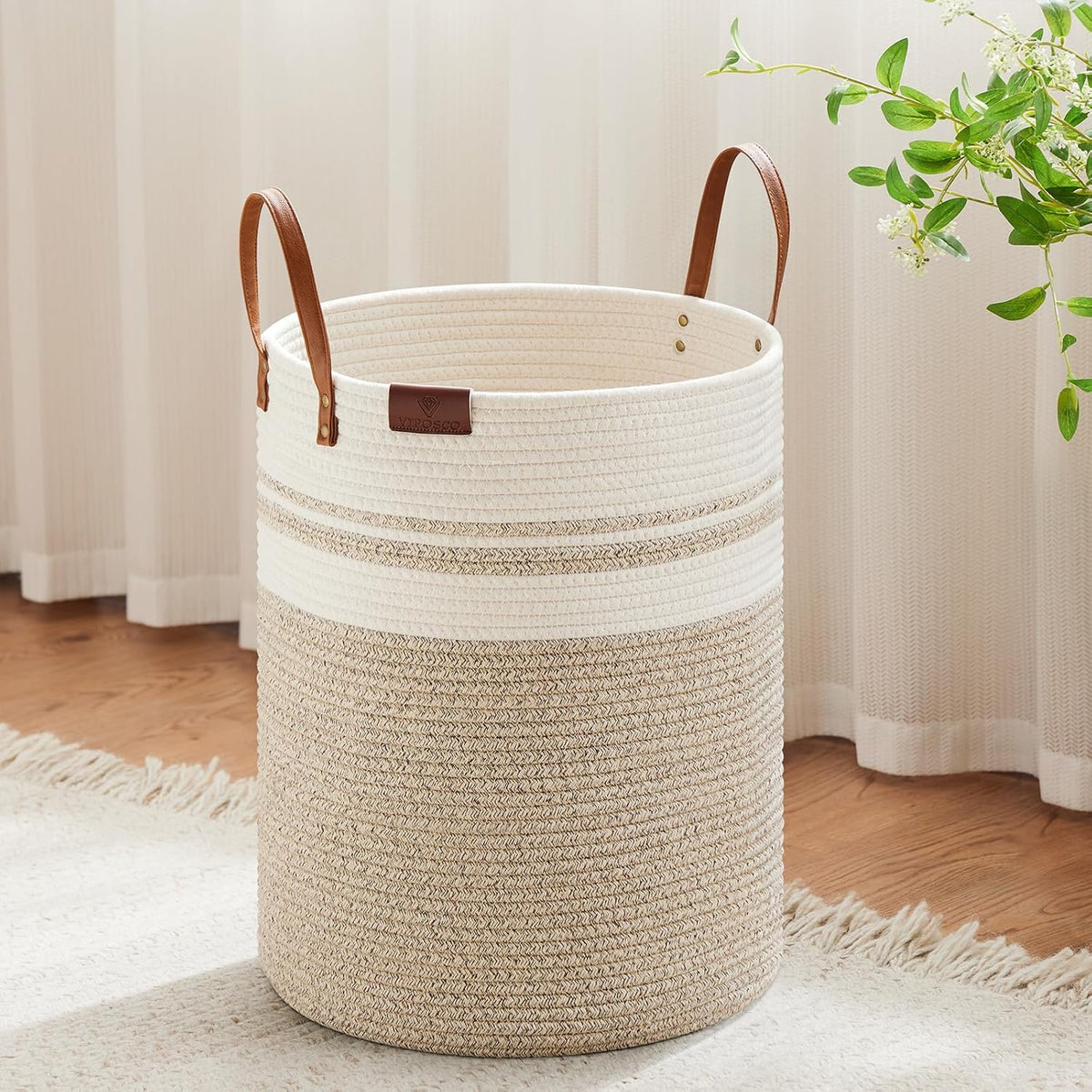 Tall Laundry Basket, Large Dirty Clothes Hamper with Leather Handle, Woven Rope Storage Basket for Blanket, Toy In Living Room, Bathroom, Bedroom - 58L White & Brown