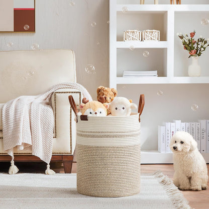 Tall Laundry Basket, Large Dirty Clothes Hamper with Leather Handle, Woven Rope Storage Basket for Blanket, Toy In Living Room, Bathroom, Bedroom - 58L White & Brown
