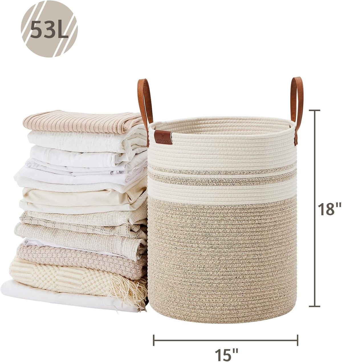 Tall Laundry Basket, Large Dirty Clothes Hamper with Leather Handle, Woven Rope Storage Basket for Blanket, Toy In Living Room, Bathroom, Bedroom - 58L White & Brown