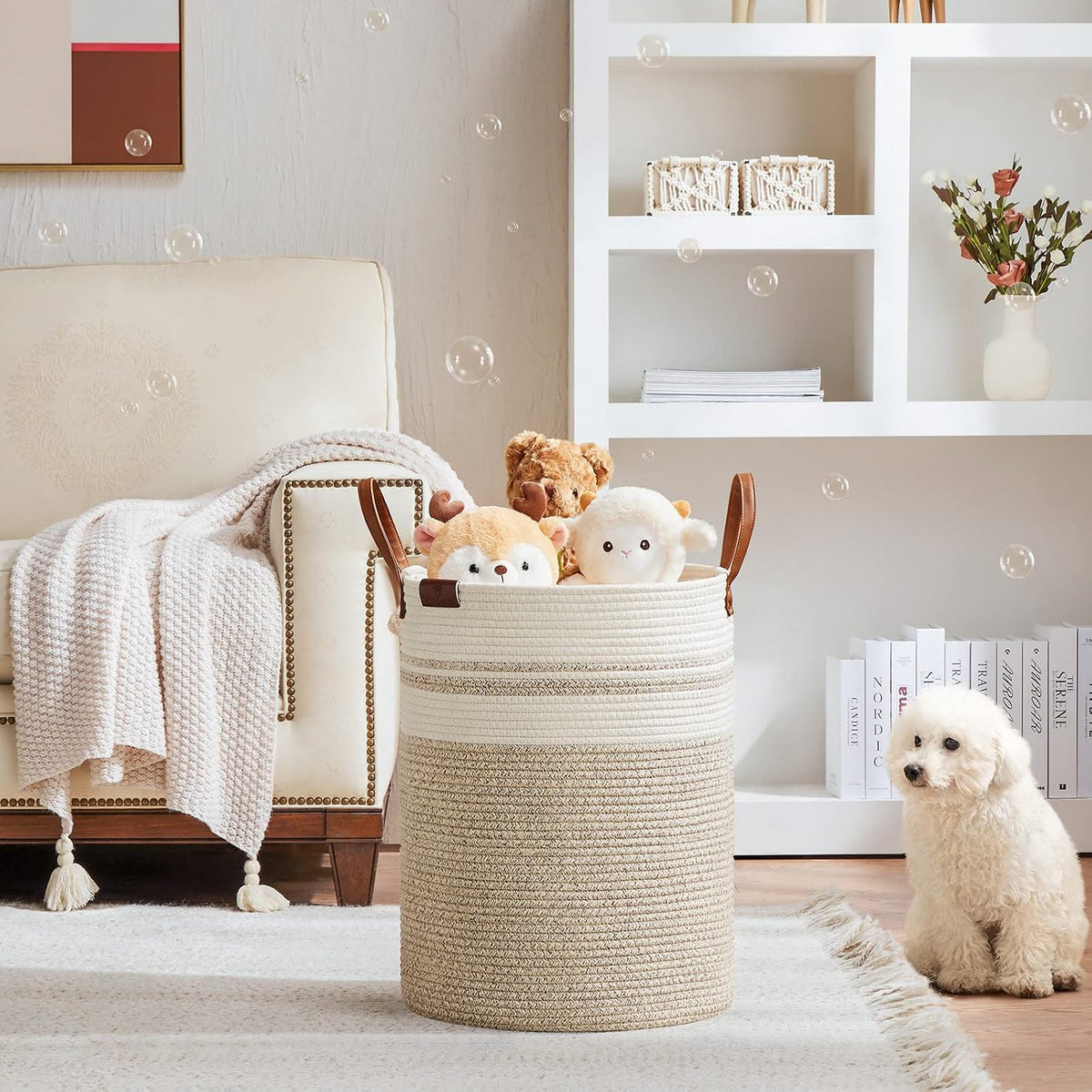 Tall Laundry Basket, Large Dirty Clothes Hamper with Leather Handle, Woven Rope Storage Basket for Blanket, Toy In Living Room, Bathroom, Bedroom - 58L White & Brown