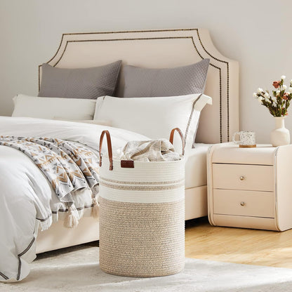 Tall Laundry Basket, Large Dirty Clothes Hamper with Leather Handle, Woven Rope Storage Basket for Blanket, Toy In Living Room, Bathroom, Bedroom - 58L White & Brown