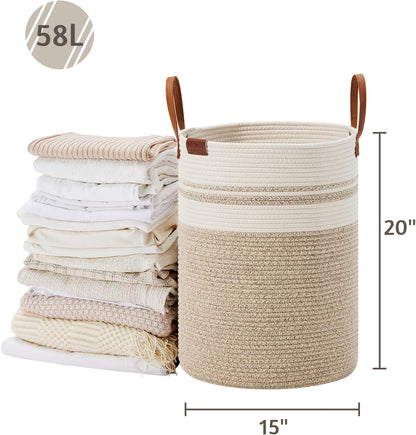 Tall Laundry Basket, Large Dirty Clothes Hamper with Leather Handle, Woven Rope Storage Basket for Blanket, Toy In Living Room, Bathroom, Bedroom - 58L White & Brown