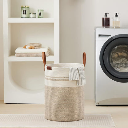 Tall Laundry Basket, Large Dirty Clothes Hamper with Leather Handle, Woven Rope Storage Basket for Blanket, Toy In Living Room, Bathroom, Bedroom - 58L White & Brown