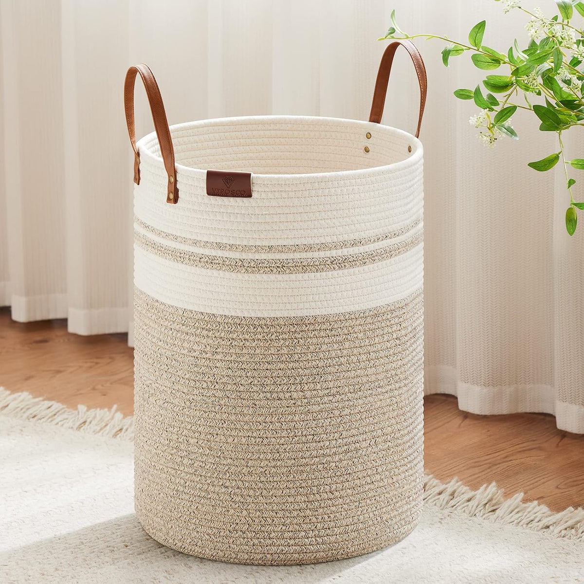 Tall Laundry Basket, Large Dirty Clothes Hamper with Leather Handle, Woven Rope Storage Basket for Blanket, Toy In Living Room, Bathroom, Bedroom - 58L White & Brown