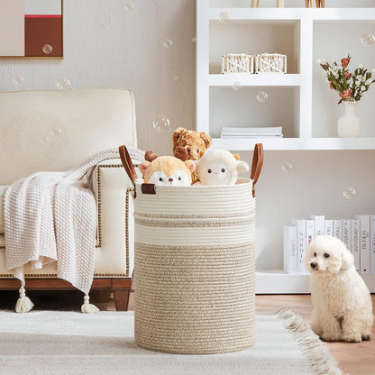 Tall Laundry Basket, Large Dirty Clothes Hamper with Leather Handle, Woven Rope Storage Basket for Blanket, Toy In Living Room, Bathroom, Bedroom - 58L White & Brown