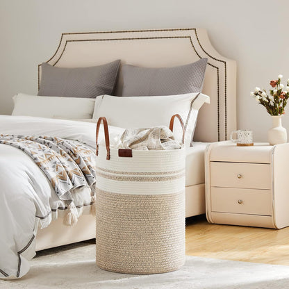 Tall Laundry Basket, Large Dirty Clothes Hamper with Leather Handle, Woven Rope Storage Basket for Blanket, Toy In Living Room, Bathroom, Bedroom - 58L White & Brown