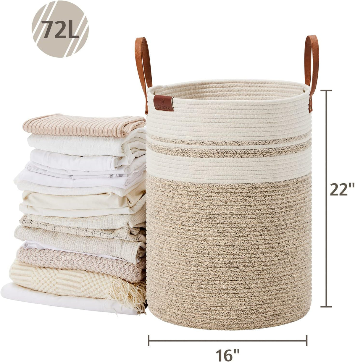 Tall Laundry Basket, Large Dirty Clothes Hamper with Leather Handle, Woven Rope Storage Basket for Blanket, Toy In Living Room, Bathroom, Bedroom - 58L White & Brown