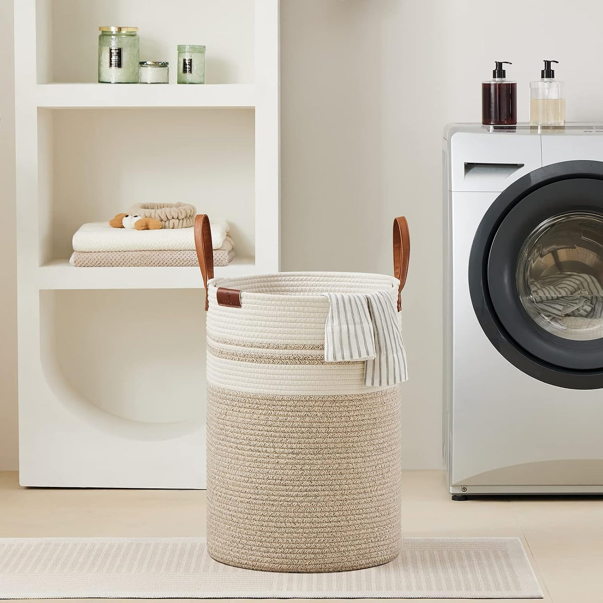 Tall Laundry Basket, Large Dirty Clothes Hamper with Leather Handle, Woven Rope Storage Basket for Blanket, Toy In Living Room, Bathroom, Bedroom - 58L White & Brown