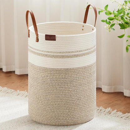 Tall Laundry Basket, Large Dirty Clothes Hamper with Leather Handle, Woven Rope Storage Basket for Blanket, Toy In Living Room, Bathroom, Bedroom - 58L White & Brown