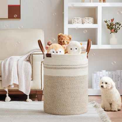 Tall Laundry Basket, Large Dirty Clothes Hamper with Leather Handle, Woven Rope Storage Basket for Blanket, Toy In Living Room, Bathroom, Bedroom - 58L White & Brown