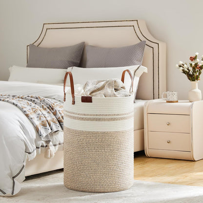 Tall Laundry Basket, Large Dirty Clothes Hamper with Leather Handle, Woven Rope Storage Basket for Blanket, Toy In Living Room, Bathroom, Bedroom - 58L White & Brown