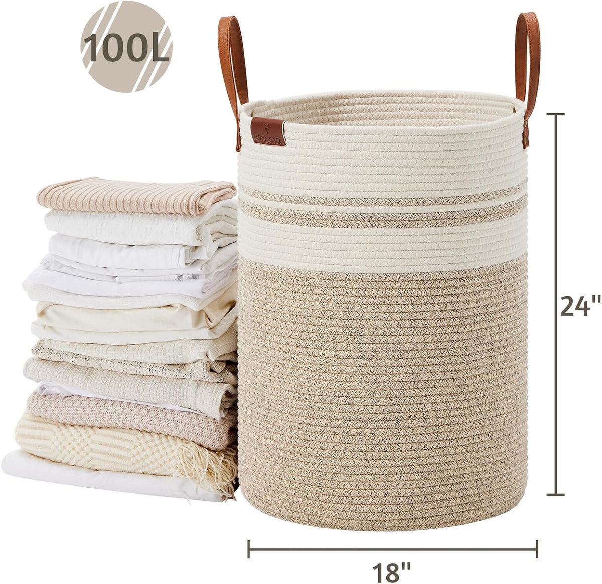 Tall Laundry Basket, Large Dirty Clothes Hamper with Leather Handle, Woven Rope Storage Basket for Blanket, Toy In Living Room, Bathroom, Bedroom - 58L White & Brown