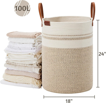 Tall Laundry Basket, Large Dirty Clothes Hamper with Leather Handle, Woven Rope Storage Basket for Blanket, Toy In Living Room, Bathroom, Bedroom - 58L White & Brown