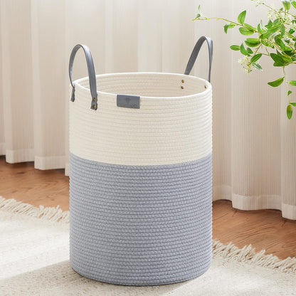Tall Laundry Basket, Large Dirty Clothes Hamper with Leather Handle, Woven Rope Storage Basket for Blanket, Toy In Living Room, Bathroom, Bedroom - 58L White & Brown