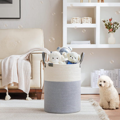 Tall Laundry Basket, Large Dirty Clothes Hamper with Leather Handle, Woven Rope Storage Basket for Blanket, Toy In Living Room, Bathroom, Bedroom - 58L White & Brown