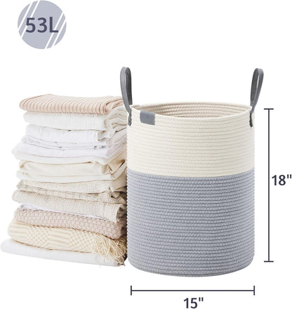 Tall Laundry Basket, Large Dirty Clothes Hamper with Leather Handle, Woven Rope Storage Basket for Blanket, Toy In Living Room, Bathroom, Bedroom - 58L White & Brown