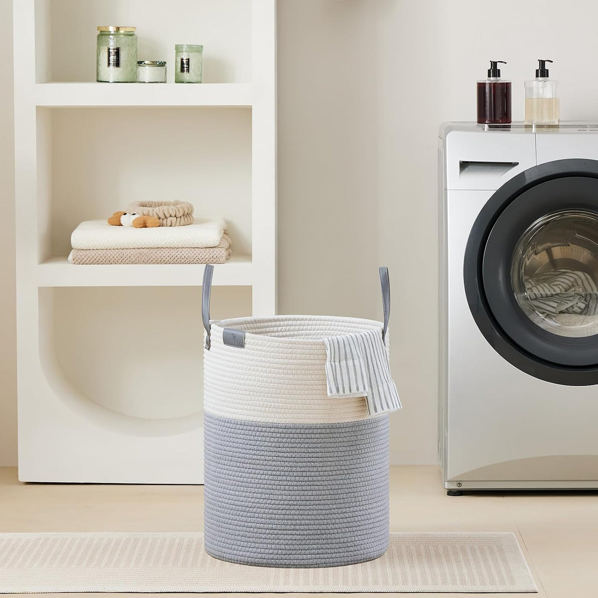 Tall Laundry Basket, Large Dirty Clothes Hamper with Leather Handle, Woven Rope Storage Basket for Blanket, Toy In Living Room, Bathroom, Bedroom - 58L White & Brown