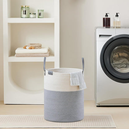 Tall Laundry Basket, Large Dirty Clothes Hamper with Leather Handle, Woven Rope Storage Basket for Blanket, Toy In Living Room, Bathroom, Bedroom - 58L White & Brown