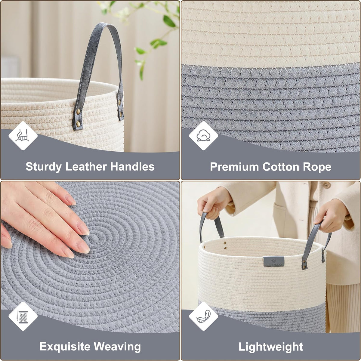 Tall Laundry Basket, Large Dirty Clothes Hamper with Leather Handle, Woven Rope Storage Basket for Blanket, Toy In Living Room, Bathroom, Bedroom - 58L White & Brown