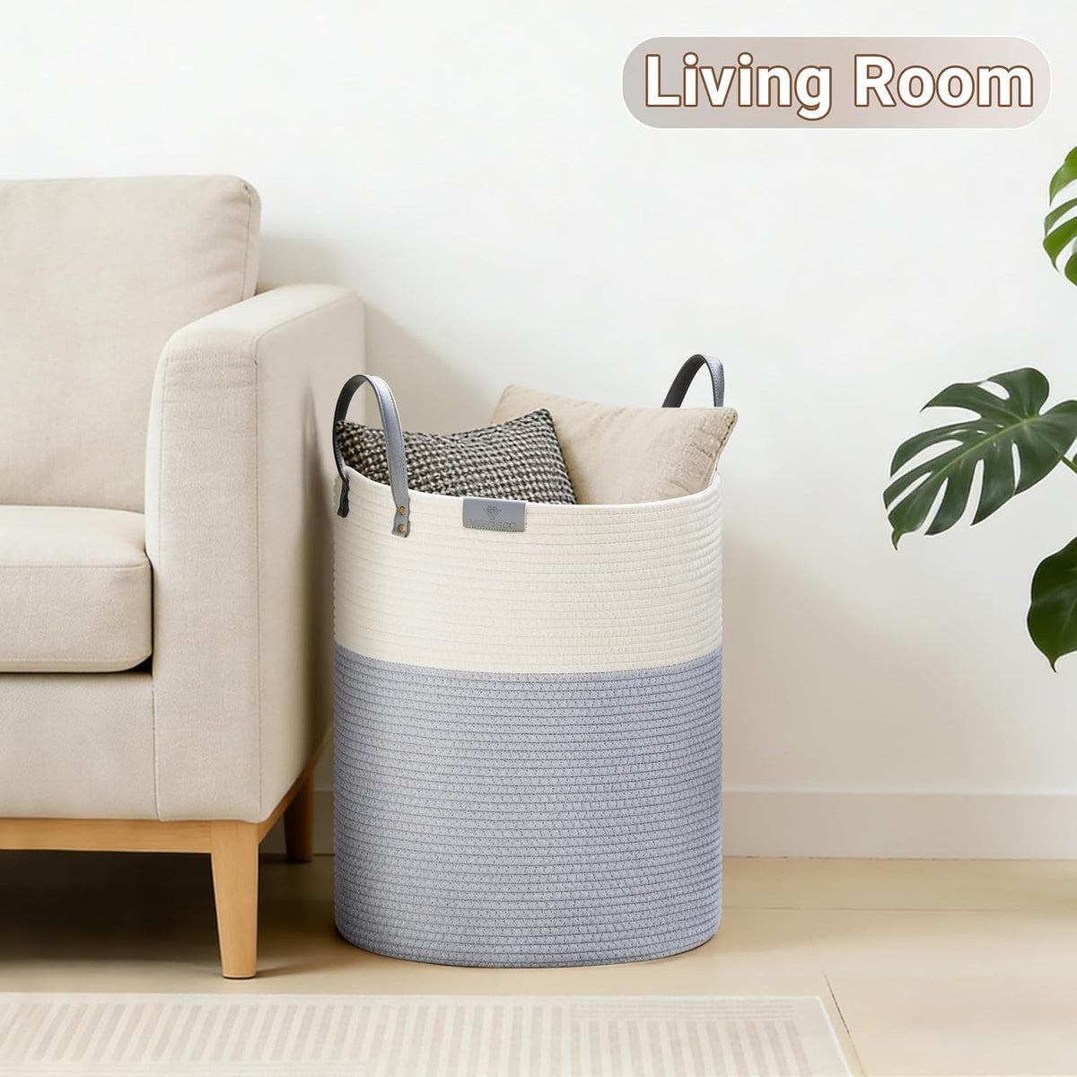 Tall Laundry Basket, Large Dirty Clothes Hamper with Leather Handle, Woven Rope Storage Basket for Blanket, Toy In Living Room, Bathroom, Bedroom - 58L White & Brown