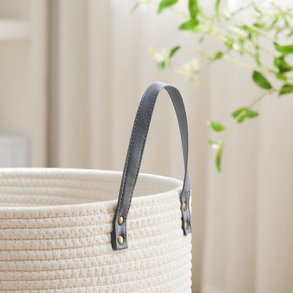 Tall Laundry Basket, Large Dirty Clothes Hamper with Leather Handle, Woven Rope Storage Basket for Blanket, Toy In Living Room, Bathroom, Bedroom - 58L White & Brown