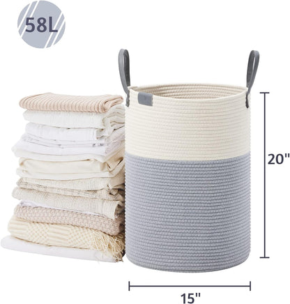 Tall Laundry Basket, Large Dirty Clothes Hamper with Leather Handle, Woven Rope Storage Basket for Blanket, Toy In Living Room, Bathroom, Bedroom - 58L White & Brown
