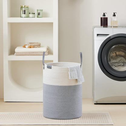 Tall Laundry Basket, Large Dirty Clothes Hamper with Leather Handle, Woven Rope Storage Basket for Blanket, Toy In Living Room, Bathroom, Bedroom - 58L White & Brown